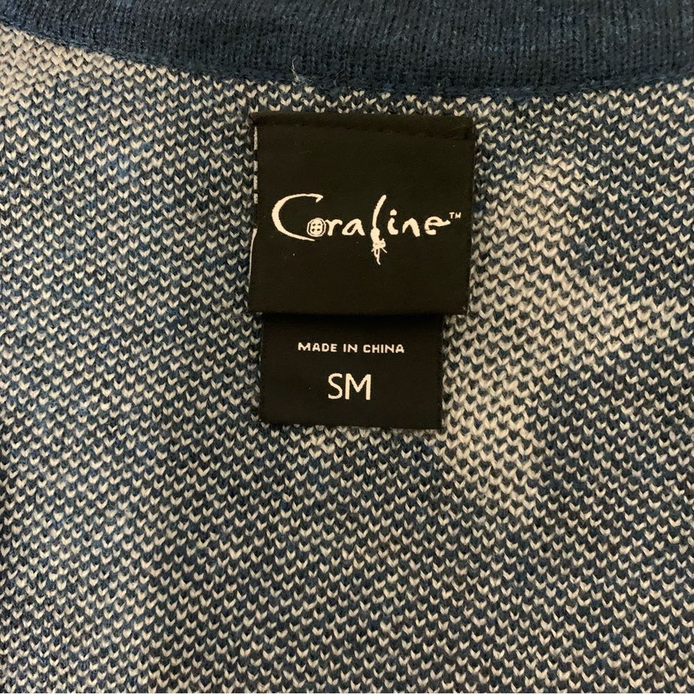 Coraline Laika Stars Open-Front Oversized Acrylic Blue Cardigan Sweater Small - Picture 3 of 10